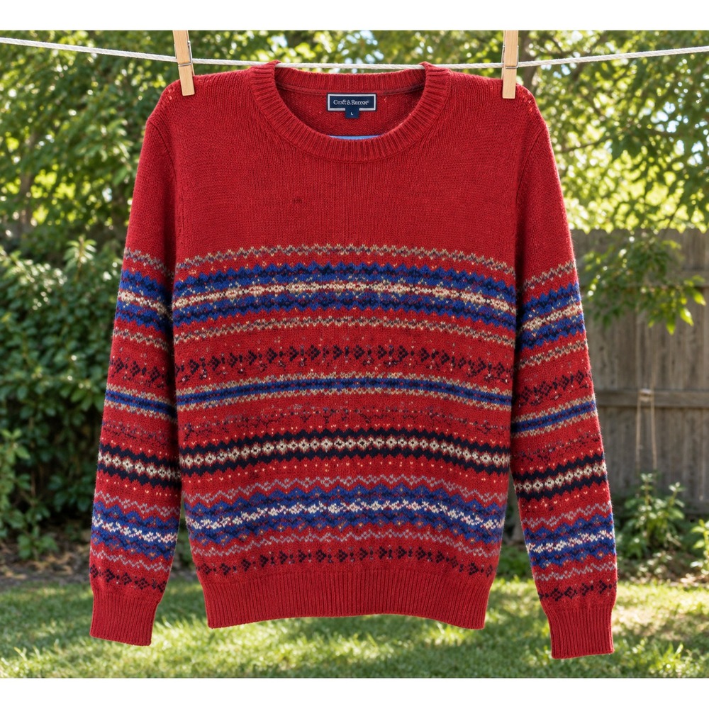 Club Room Mens M Red Fair Isle Striped Cotton Knit Crewneck Sweater